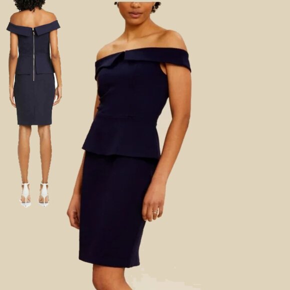 Ted Baker Laetita Navy Bardot Off-Shoulder Peplum Midi Dress Size 2 - Picture 1 of 5